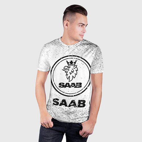 Мужская спорт-футболка Saab с потертостями на светлом фоне / 3D-принт – фото 3