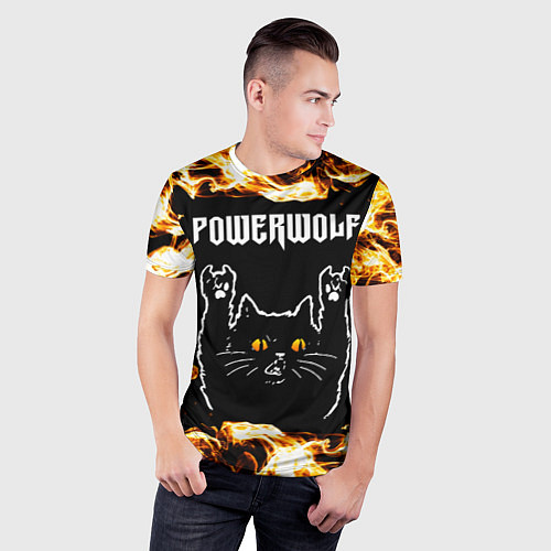 Мужская спорт-футболка Powerwolf рок кот и огонь / 3D-принт – фото 3