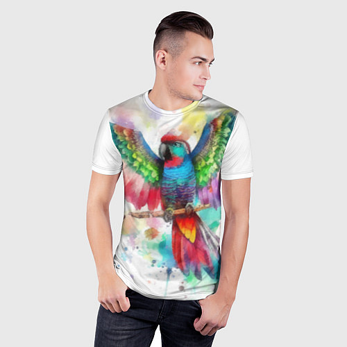 Мужская спорт-футболка Разноцветный акварельный попугай с расправленными / 3D-принт – фото 3