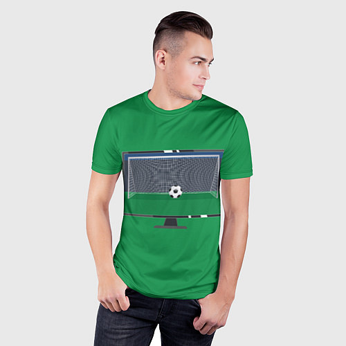 Мужская спорт-футболка Футбольный мяч и ворота на экране монитора / 3D-принт – фото 3