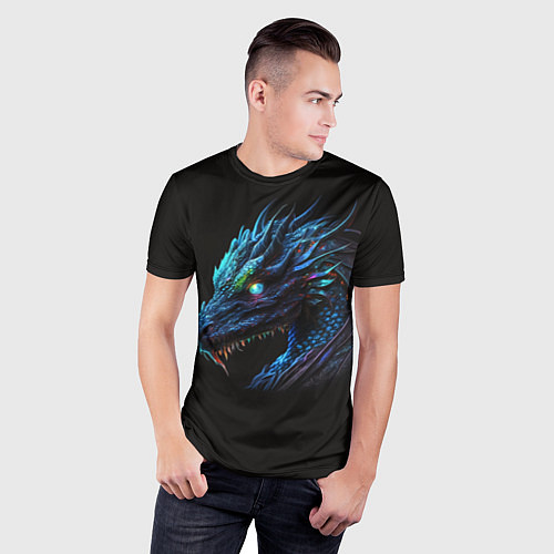 Мужская спорт-футболка Красивый неоновый дракон с голубыми глазами / 3D-принт – фото 3