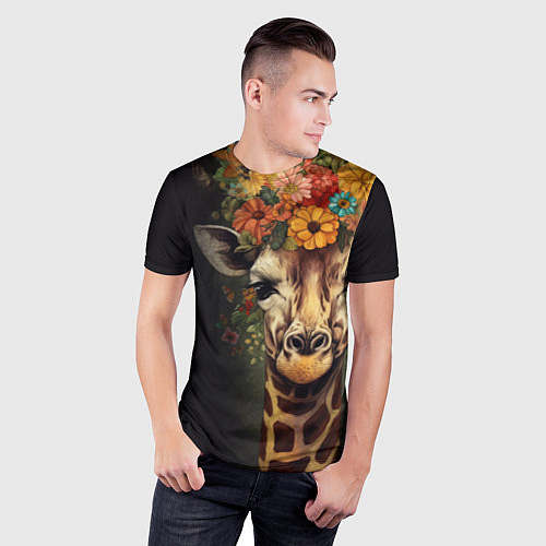 Мужская спорт-футболка Портрет жирафа с цветами: арт нейросети / 3D-принт – фото 3