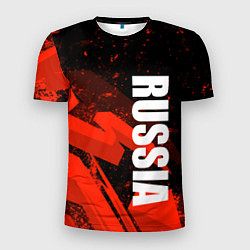 Футболка спортивная мужская Russia - белая надпись на красных брызгах, цвет: 3D-принт