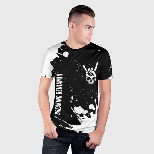 Мужская спорт-футболка Breaking Benjamin и рок символ на темном фоне / 3D-принт – фото 3