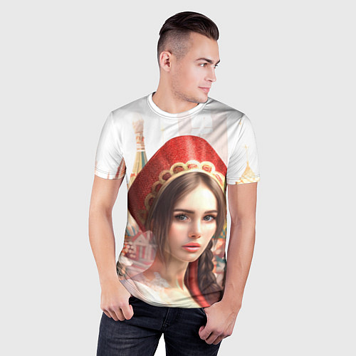 Мужская спорт-футболка Девушка в кокошнике с косой - кремль / 3D-принт – фото 3