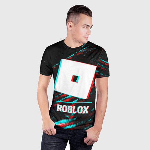 Мужская спорт-футболка Roblox в стиле glitch и баги графики на темном фон / 3D-принт – фото 3