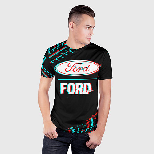 Мужская спорт-футболка Значок Ford в стиле glitch на темном фоне / 3D-принт – фото 3