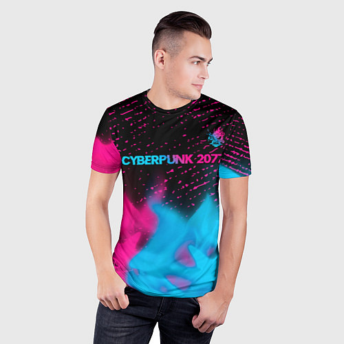 Мужская спорт-футболка Cyberpunk 2077 - neon gradient: символ сверху / 3D-принт – фото 3