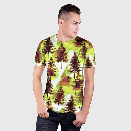 Мужская спорт-футболка Хвойный лес - акварель в желтых тонах / 3D-принт – фото 3