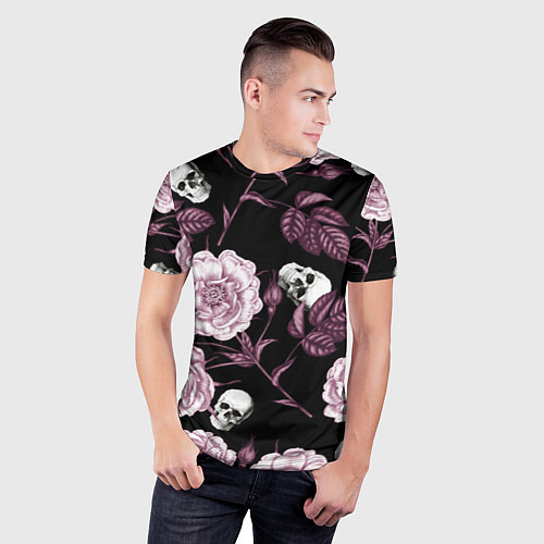 Мужская спорт-футболка Розовые цветы с черепами / 3D-принт – фото 3