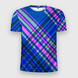 Мужская спорт-футболка Синий ассиметричный узор с розовыми косыми полосам