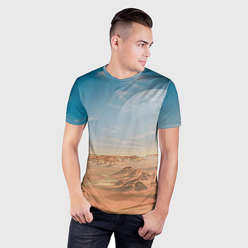 Мужская спорт-футболка Пустынная планета и спутник / 3D-принт – фото 3