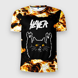 Футболка спортивная мужская Slayer рок кот и огонь, цвет: 3D-принт