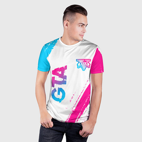 Мужская спорт-футболка GTA neon gradient style: надпись, символ / 3D-принт – фото 3