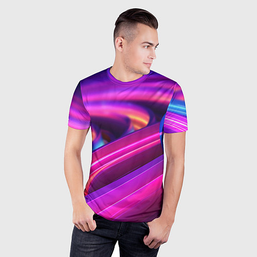 Мужская спорт-футболка Неоновые абстрактные волны / 3D-принт – фото 3