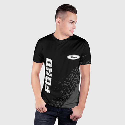 Мужская спорт-футболка Ford speed на темном фоне со следами шин: надпись, / 3D-принт – фото 3