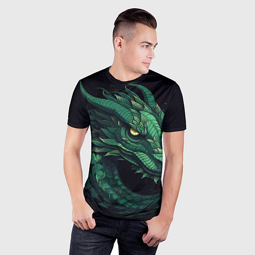 Мужская спорт-футболка Голова зелёного дракона: арт нейросети / 3D-принт – фото 3