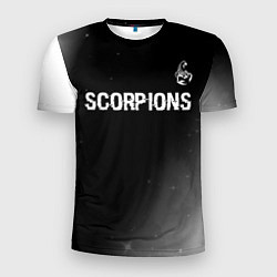 Футболка спортивная мужская Scorpions glitch на темном фоне: символ сверху, цвет: 3D-принт
