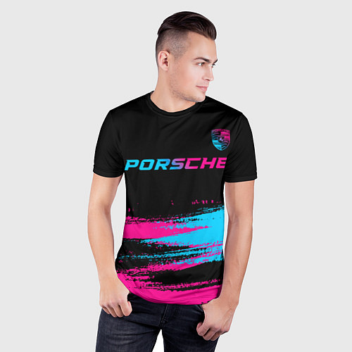 Мужская спорт-футболка Porsche - neon gradient: символ сверху / 3D-принт – фото 3