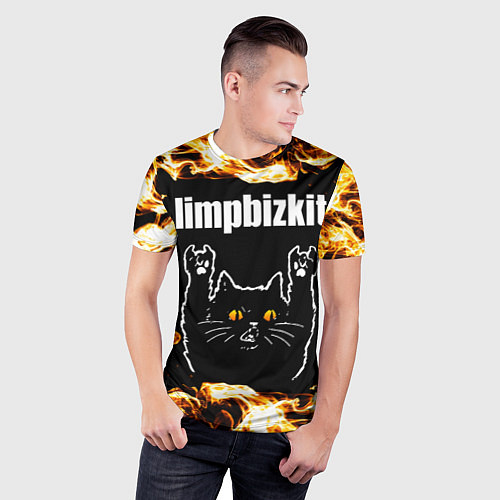 Мужская спорт-футболка Limp Bizkit рок кот и огонь / 3D-принт – фото 3