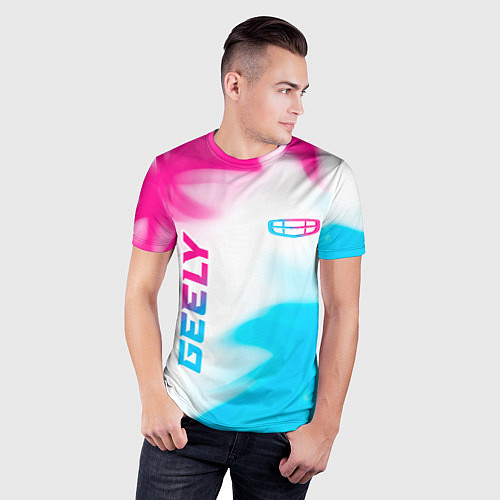 Мужская спорт-футболка Geely neon gradient style: надпись, символ / 3D-принт – фото 3