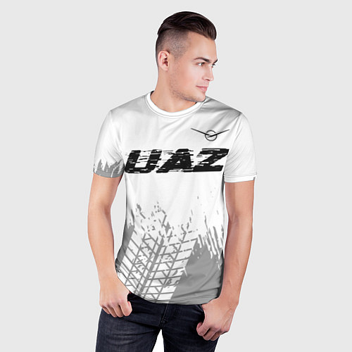 Мужская спорт-футболка UAZ speed на светлом фоне со следами шин: символ с / 3D-принт – фото 3