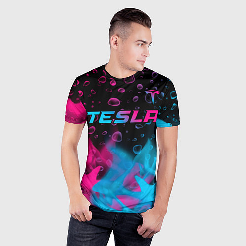Мужская спорт-футболка Tesla - neon gradient: символ сверху / 3D-принт – фото 3