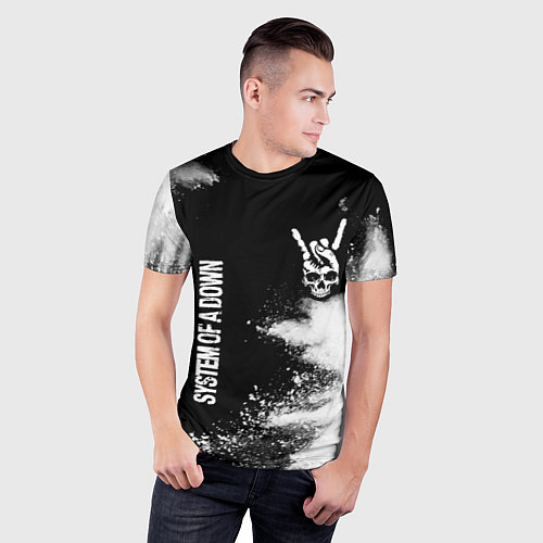 Мужская спорт-футболка System of a Down и рок символ на темном фоне / 3D-принт – фото 3