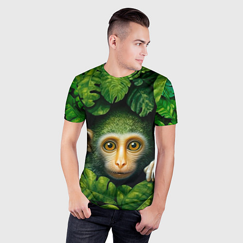 Мужская спорт-футболка Маленькая обезьянка в листьях / 3D-принт – фото 3