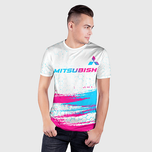 Мужская спорт-футболка Mitsubishi neon gradient style: символ сверху / 3D-принт – фото 3