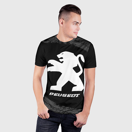 Мужская спорт-футболка Peugeot speed на темном фоне со следами шин / 3D-принт – фото 3