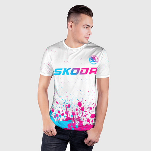 Мужская спорт-футболка Skoda neon gradient style: символ сверху / 3D-принт – фото 3