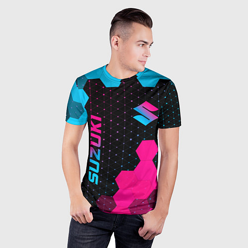 Мужская спорт-футболка Suzuki - neon gradient: надпись, символ / 3D-принт – фото 3