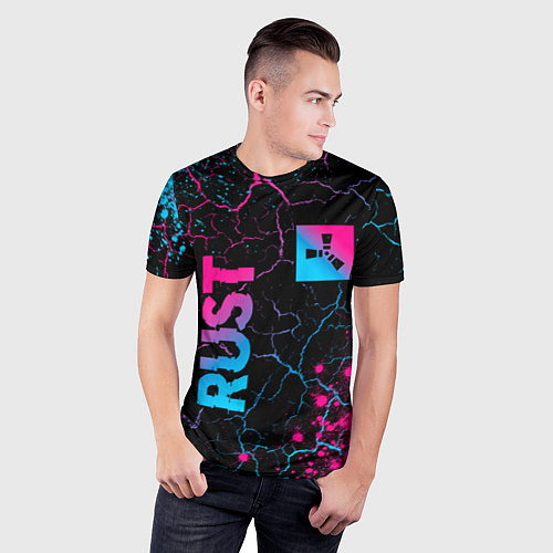 Мужская спорт-футболка Rust - neon gradient: надпись, символ / 3D-принт – фото 3