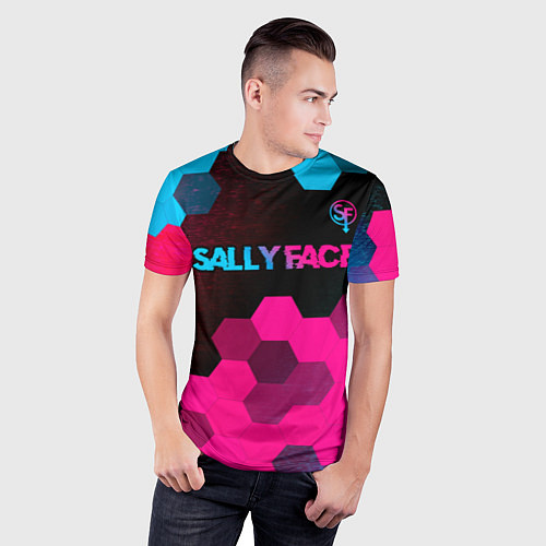 Мужская спорт-футболка Sally Face - neon gradient: символ сверху / 3D-принт – фото 3