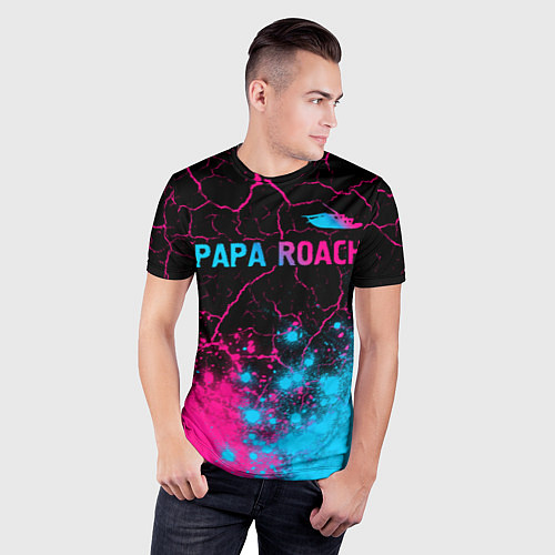 Мужская спорт-футболка Papa Roach - neon gradient: символ сверху / 3D-принт – фото 3