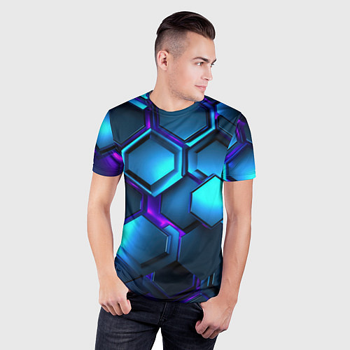Мужская спорт-футболка Объемные неоновые плиты / 3D-принт – фото 3