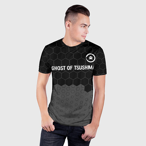 Мужская спорт-футболка Ghost of Tsushima glitch на темном фоне: символ св / 3D-принт – фото 3