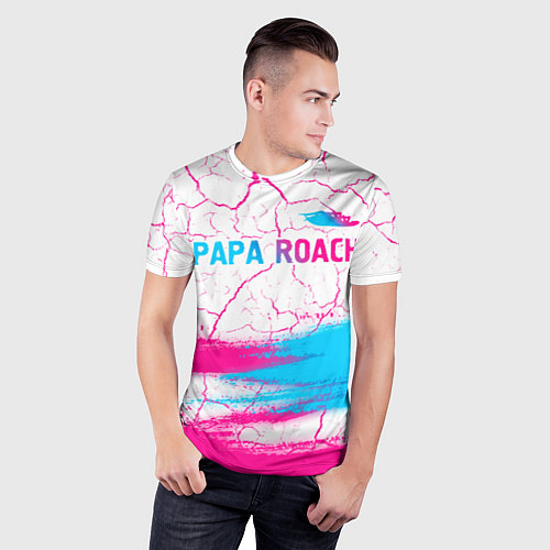 Мужская спорт-футболка Papa Roach neon gradient style: символ сверху / 3D-принт – фото 3