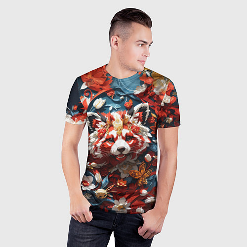 Мужская спорт-футболка Красная панда в цветах / 3D-принт – фото 3