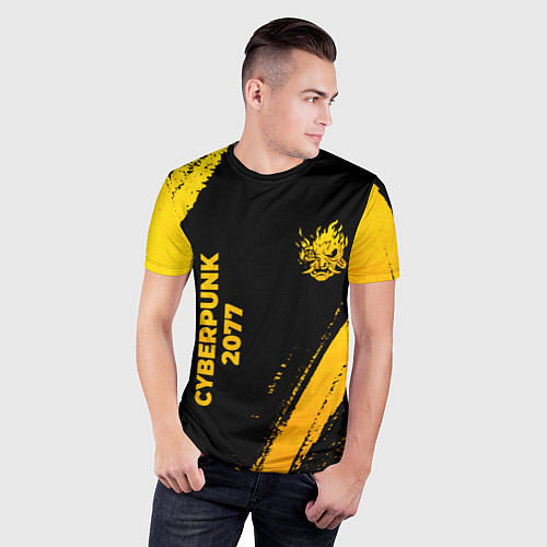 Мужская спорт-футболка Cyberpunk 2077 - gold gradient: надпись, символ / 3D-принт – фото 3