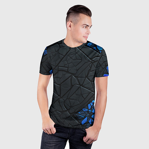 Мужская спорт-футболка Черные плиты с синими вставками / 3D-принт – фото 3