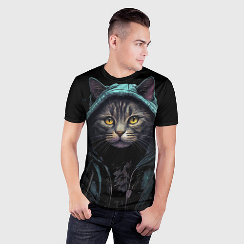 Мужская спорт-футболка Кот в капюшоне стиль киберпанк / 3D-принт – фото 3