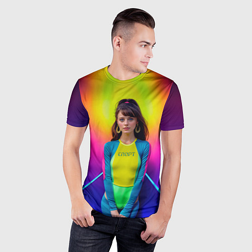 Мужская спорт-футболка Девушка гимнастка в неоновом зале / 3D-принт – фото 3