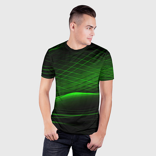 Мужская спорт-футболка Green lines black backgrouns / 3D-принт – фото 3