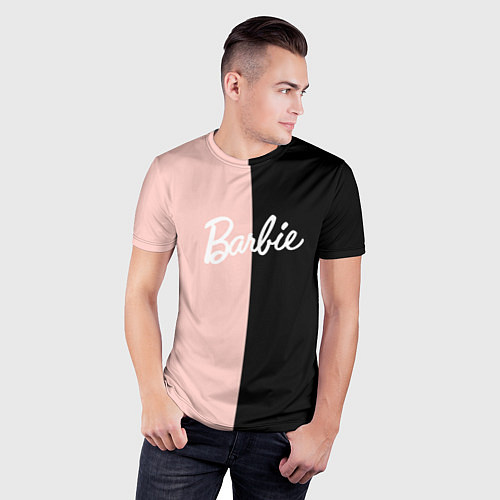 Мужская спорт-футболка Барби - сплит нежно-персикового и черного / 3D-принт – фото 3