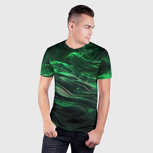 Мужская спорт-футболка Зеленые абстрактные волны / 3D-принт – фото 3