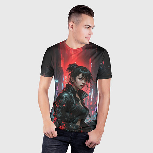 Мужская спорт-футболка Девушка в красных лучах / 3D-принт – фото 3