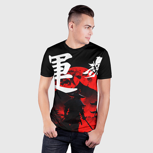 Мужская спорт-футболка Японский самурай и красная луна / 3D-принт – фото 3