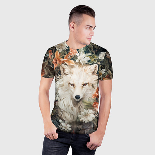 Мужская спорт-футболка Белая лисица в кустах цветов / 3D-принт – фото 3